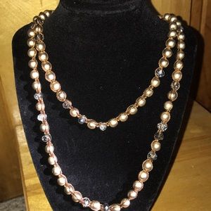 Chico’s Necklace String Wrapped Brown Pearls Long and Faceted Glass Like Beads